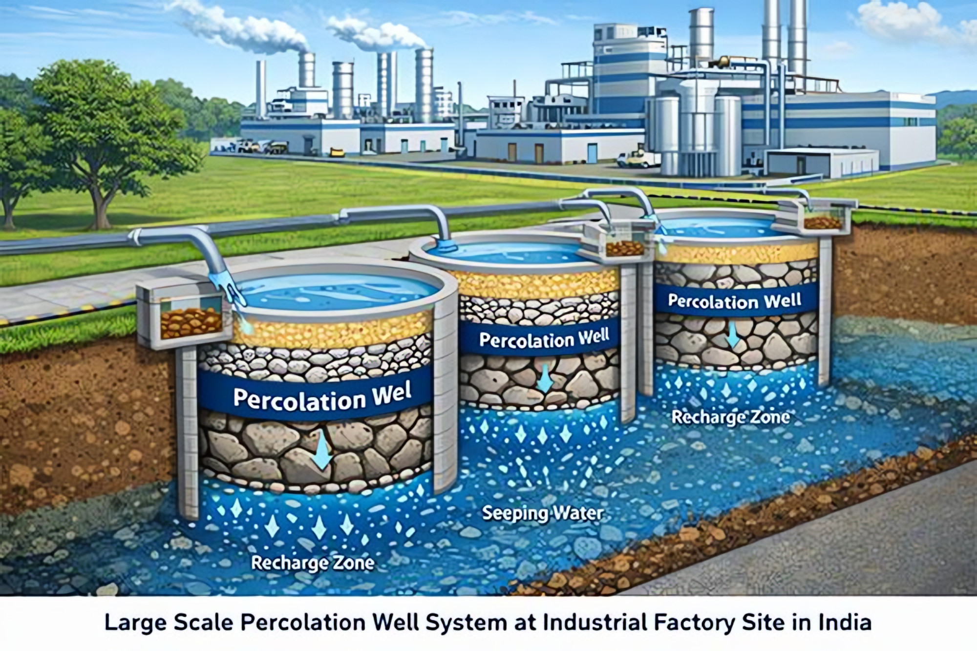Percolation well system at an industrial site